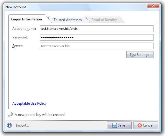 Screenshot of “New account” dialog